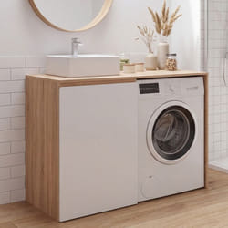 Meuble machine à laver ou sèche-linge avec placard TOMI meuble vasque bois façon hêtre et blanc
