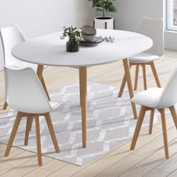 IDMARKET Ensemble table à manger extensible ronde ANGELA blanc pied bois 110 - 150 cm et 4 chaises SARA blanches
