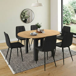 IDMARKET Ensemble table à manger extensible ronde DONA noire plateau façon hêtre 110 - 150 cm et 6 chaises MILA velours noir