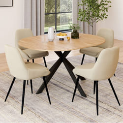 IDMARKET Ensemble table à manger extensible ronde ALIX bois et noir 110-150 cm et 4 chaises THALYA velours beige