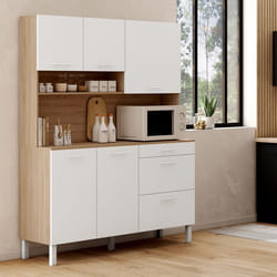 IDMARKET Buffet casserolier de cuisine 140 cm CINA 5 portes + 3 tiroirs façon hêtre et blanc