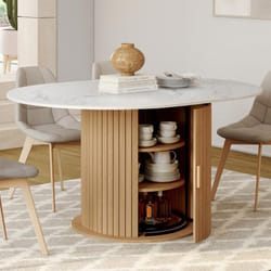 IDMARKET Table à manger extensible ronde JULIETTE 4-8 personnes pied lattes avec rangement et plateau effet marbre blanc 110-150 cm