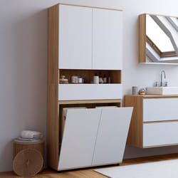 Meuble colonne salle de bain TOMI 4 portes 2 paniers à linge amovibles 1 tiroir façon hêtre et blanc