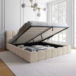 IDMARKET Lit coffre double NUAGE avec tête de lit matelassée et sommier 180 x 200 cm velours beige