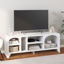 IDMARKET Meuble TV 140 cm organique ALESIA 6 niches bois blanc