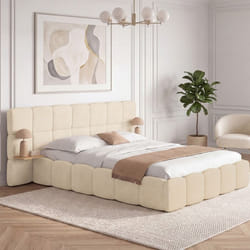 Lit coffre double NUAGE avec tête de lit matelassée + tables de chevet intégrées et sommier velours beige