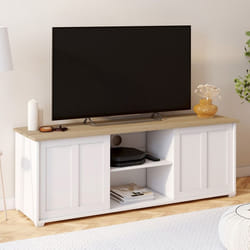 Meuble TV 140cm JANGO 2 portes coulissantes blanc et plateau bois