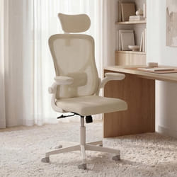 IDMARKET Fauteuil de bureau JAMES ergonomique en toile respirante et appui-tête avec roulettes beige et blanc
