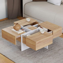 Table basse carrée TALIA 70 cm avec tiroirs bois et blanc