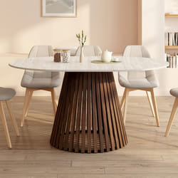 IDMARKET Table à manger extensible ronde CARMEN 4-8 personnes pied noyer en lattes et plateau effet travertin 110 - 150 cm