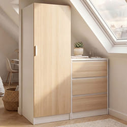 IDMARKET Armoire 1 porte AMBRE penderie avec commode 3 tiroirs 100 cm modulable façon hêtre et blanc