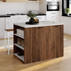 IDMARKET Ilot central TIBO 120 cm bois foncé effet noyer avec plan de travail effet marbre ALASKA