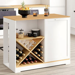 Ilot central IDMARKET VITO - Blanc et Hêtre - 113 cm avec range bouteilles et table de bar