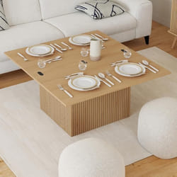 Table basse plateau relevable rectangulaire convertible en table à manger JULIETTE 100 cm effet lattes tasseau bois