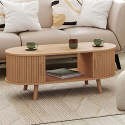 Table basse ovale ROMIE 2 portes coulissantes lattes tasseau bois coloris chêne