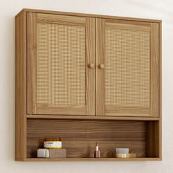 Meuble de rangement suspendu pour salle de bain HANAE 2 portes et étagère effet naturel cannage