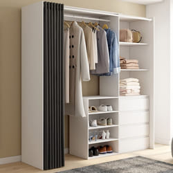 IDMARKET Dressing extensible XXL MARTY 120/170 x 50 x 180 cm blanc avec 4 tiroirs + étagères + penderie + rideau gris
