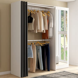 Dressing extensible MARTY 120/170 x 50 x 180 cm blanc avec étagères + double penderie + miroir + rideau gris
