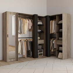 Dressing extensible dangle MARLON 230 x 140 x 180 cm cm hêtre avec penderies + étagères + miroir + rideaux noirs