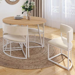 IDMARKET Ensemble table + 4 chaises encastrables MILENE métal blanc plateau façon hêtre et tissu velours beige