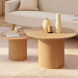 IDMARKET Lot de 2 tables basses gigognes JULIETTE rondes 50/70 effet lattes tasseau bois coloris chêne