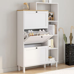 IDMARKET Meuble à chaussures 18 paires ACHILLE 3 portes blanc et plateau bois avec étagère