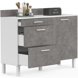 IDMARKET Buffet bas casserolier de cuisine 120 cm CINA plan de travail H.83 cm 1 porte + 3 tiroirs blanc et effet béton