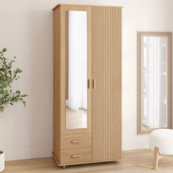 IDMARKET Armoire 2 portes JULIETTE effet lattes tasseau bois penderie 80 cm avec 2 tiroirs miroir et étagères