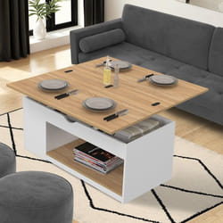 IDMARKET Table basse plateau relevable rectangulaire convertible en table à manger ELEA 100 cm bois blanc et façon hêtre