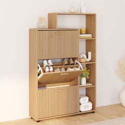 IDMARKET Meuble à chaussures 18 paires JULIETTE 3 portes avec étagères lattes tasseau bois coloris chêne