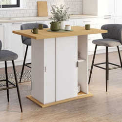 IDMARKET Ilot central 4 personnes PAXTON 110 cm pied central avec rangement bois blanc avec plan de travail façon hêtre