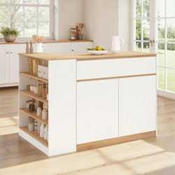 IDMARKET Ilot central TOMI 130 cm 2 personnes double plateau bois blanc avec plan de travail façon hêtre