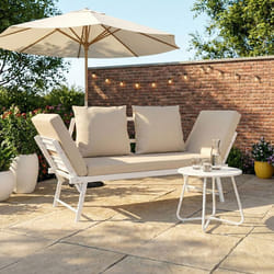 IDMARKET Canapé de jardin banquette convertible NOLA 2/3 places avec accoudoirs inclinables métal blanc et coussins beige