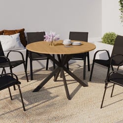 Table de jardin ronde MESSINA 120 cm 6 personnes pied araignée plateau métal effet bois