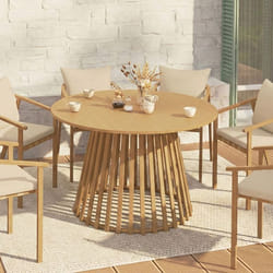 Table de jardin ronde SOLAL 120 cm 6 personnes avec pied lattes en métal effet bois