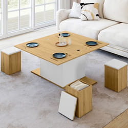 IDMARKET Table basse plateau relevable rectangulaire convertible en table à manger EDEN 100 cm bois et blanc avec poufs