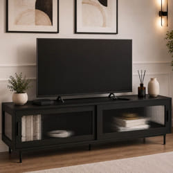 IDMARKET Meuble TV 140 cm ZINEB 2 portes coulissantes vitrées façade cannelée noir
