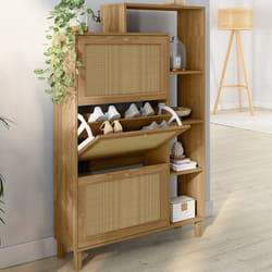 IDMARKET Meuble à chaussures 18 paires HANAE 3 portes effet naturel cannage avec étagère