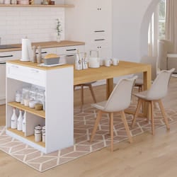 IDMARKET Ilot central avec table à manger 5 personnes GARY 190 cm blanc et plateau bois