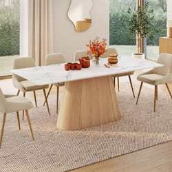 IDMARKET Table à manger extensible rectangle RHONDA 6-10 personnes plateau marbre blanc ALASKA et bois façon hêtre 160-200 cm