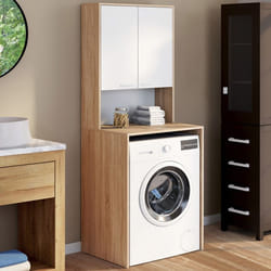 IDMARKET Meuble dessus de machine à laver WALLIS avec placard bois façon hêtre et blanc