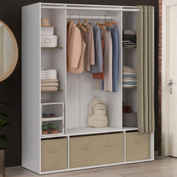 IDMARKET Dressing double penderie DIANE 140 x 45 x 167 cm blanc avec étagères + boites de rangement + rideau taupe