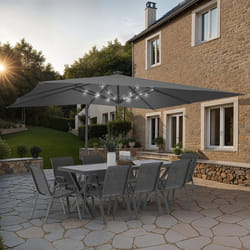 IDMARKET Parasol déporté inclinable rotatif 360 CALVI LED gris 3x4 M avec 4 dalles et housse