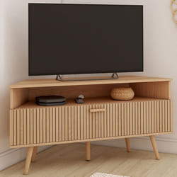 IDMARKET Meuble TV 110 cm dangle JULIETTE 1 porte effet lattes coloris chêne
