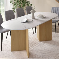 IDMARKET Table à manger extensible ovale MARTHE 6 -10 personnes plateau marbre blanc ALASKA et bois façon hêtre 160-200 cm