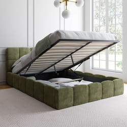 IDMARKET Lit coffre double NUAGE avec tête de lit matelassée et sommier 140 x 190 cm tissu chenille vert