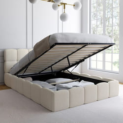 IDMARKET Lit coffre double NUAGE avec tête de lit matelassée et sommier 140 x 190 cm tissu bouclette blanc