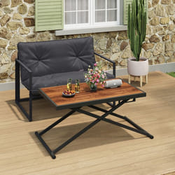 IDMARKET Table de jardin à hauteur réglable 3 positions OLIE 100 cm en métal noir et plateau verre effet bois