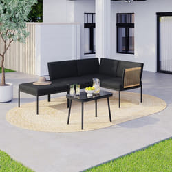 IDMARKET Salon de jardin bas RIO 4 places modulable structure métal noir cordage effet rotin clair avec coussins noirs