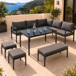 Salon de jardin repas NAYLA 8 places dangle en métal et coussins gris avec table à manger